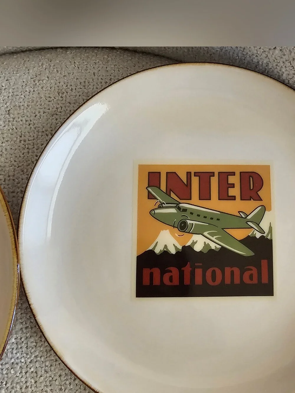 Pottery Barn Cream Salad Plates Retro Travel Graphics - Set of 4 - Discontinued